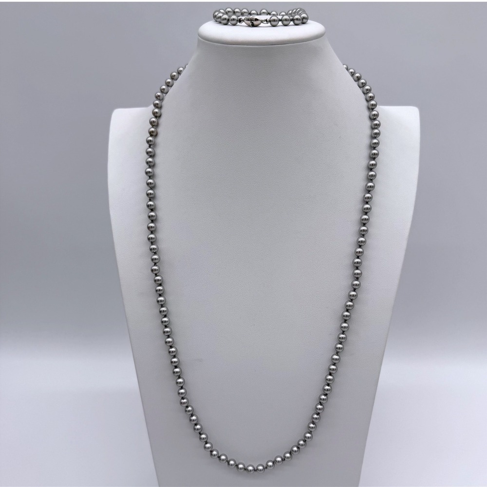 Vintage Monet Gray Pearl Necklace & Bracelet Set Knotted Signed Silver Tone